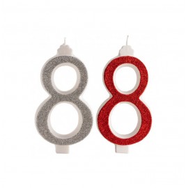 VELA PURPURINA NO 8 ROJA Y PLATA 13CM. 10 UN.